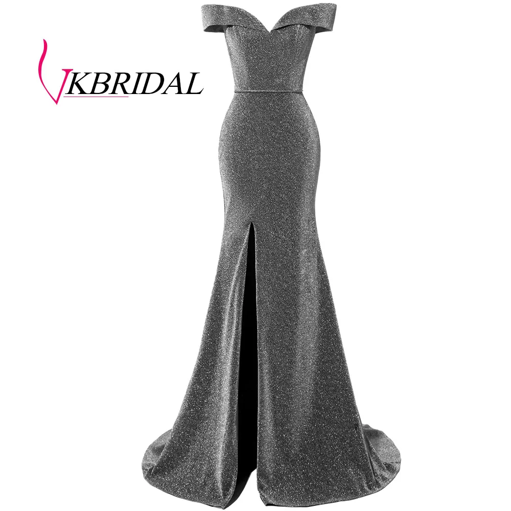 Серый VKBRIDAL серое вечернее платье с открытыми плечами сексуальное блестящее платье с разрезом для выпускного вечера - Цвет: Серый