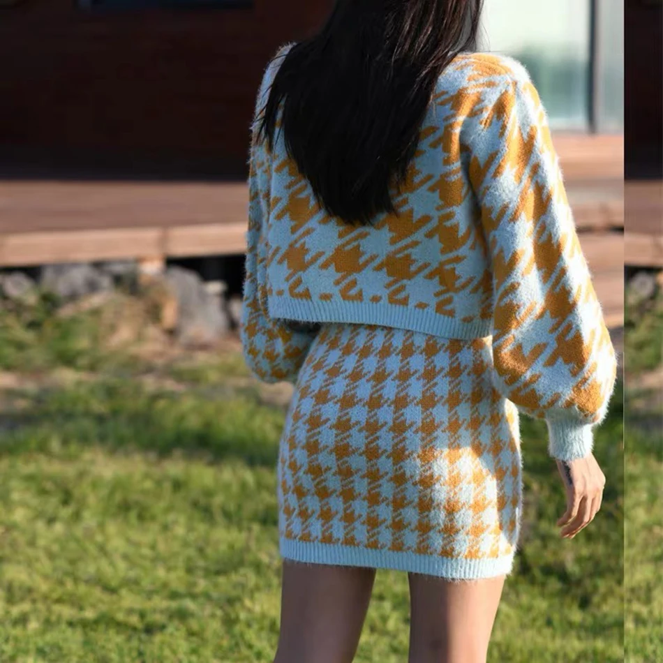 Осень зима 2019 женский модный клетчатый жилет из трех предметов облегающая юбка с