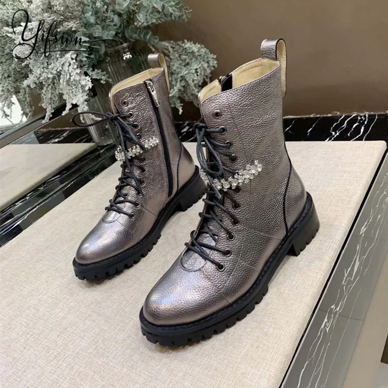 OLOME Новинка римские из натуральной кожи женские ботинки-гладиаторы с круглым