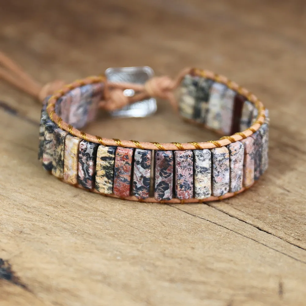 Кожаный плетеный браслет ручной работы в богемном стиле с леопардовым рисунком |