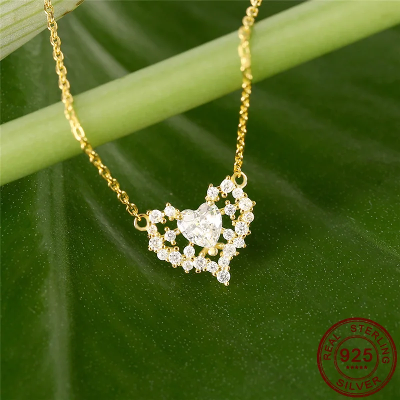 

925 Sterling Silver Heart Necklace Fashion Cubic Zirconia Gold Color Heart Love Pendant Clavicle Necklaces Women's Jewelry Gifts