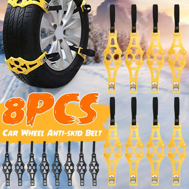 

4/8pcs Car Tyre Snow Chains Snow Roadway Safety Adjustable Anti-skid Safety Double Snap Skid Wheel Tire TPU Chains Yellow Black