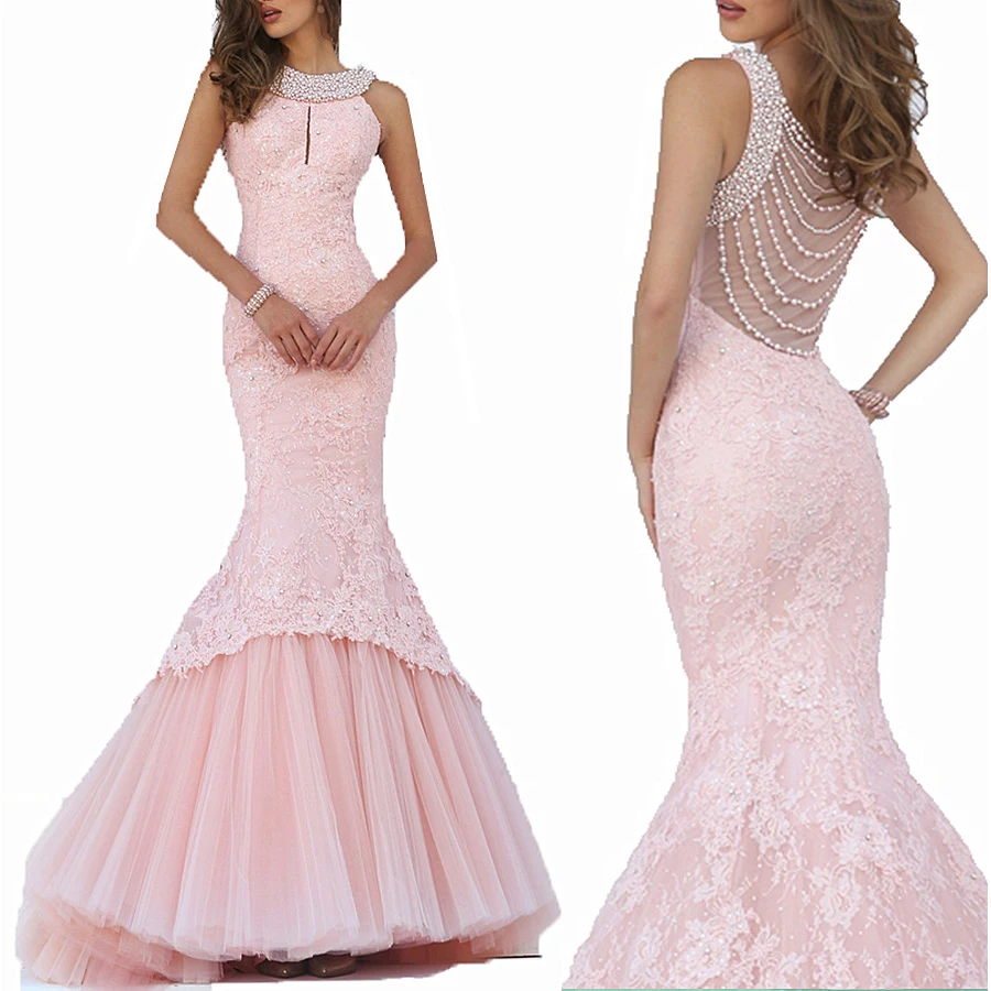 

Luxury Pearls Mermaid 2020 Vestidos De Baile Sequins Pink Lace Long Prom Evening gown Sweep Train mother of the bride dresses