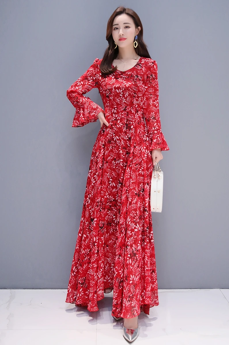 

Chiffon printed vestidos women 2020 spring summer new foreign horn sleeve long sleeve Fashion Slim big swing floral dresses D181