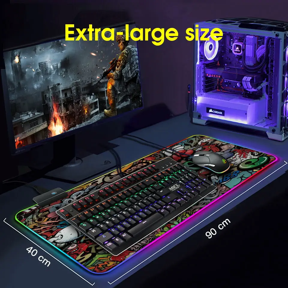 Большой коврик для мыши игровой геймер Коврик RGB XXL компьютерный с подсветкой