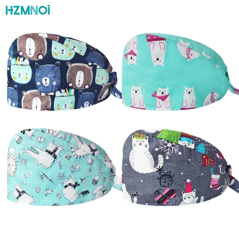 

Cute Printed Breathable Nurse Doctor Scrub Hat Pet Shop Beauty Salon Work Hat Unisex Cotton Dentist Chef Laboratory Dust Cap