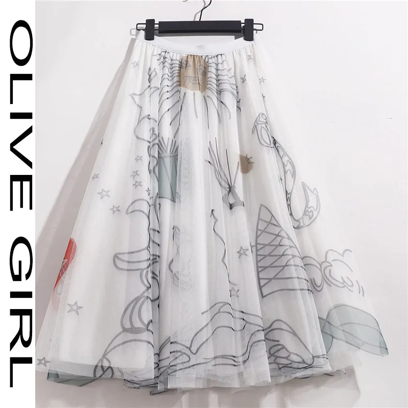 

Женская юбка с принтом граффити, белая сетчатая элегантная миди-юбка А-силуэта с высокой талией, юбка-пачка для лета, 2021