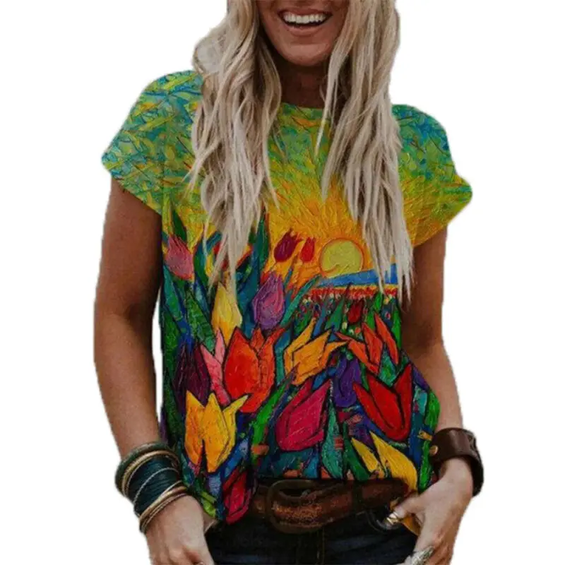 

Womens Short Sleeve Floral Print Round Neck T-Shirt Blouse Pullover Casual Tops