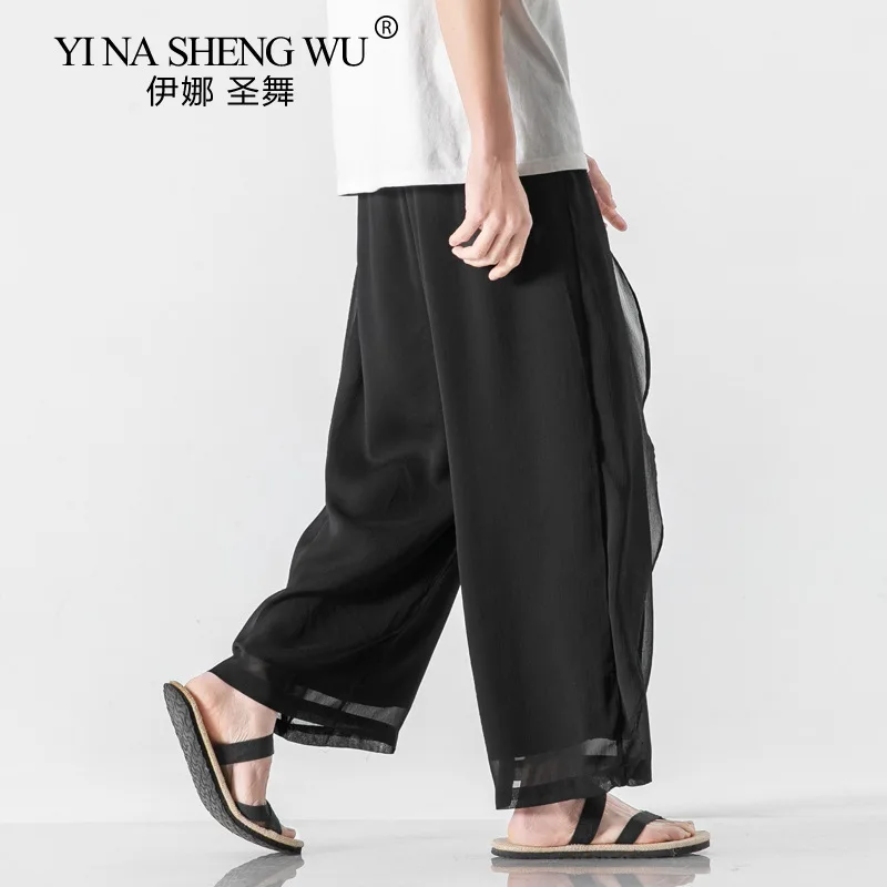 Брюки мужские шифоновые с широкими штанинами свободные однотонные повседневные