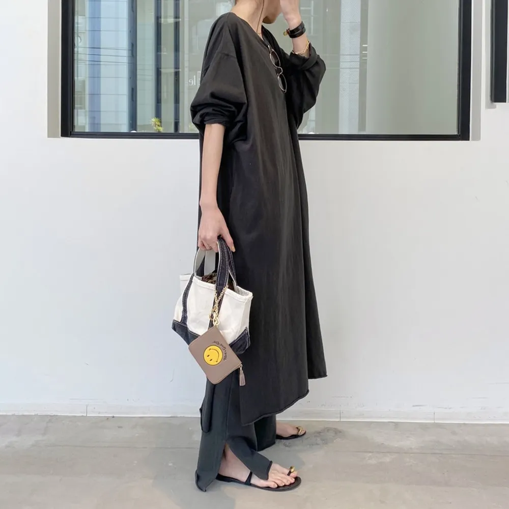 

Dress Slim Long T-shirt Women Pullover Short-sleeve Back Print Spring Summer 2021 New Solid Color Japanese Korean Split O Neck