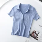 Укороченный топ, женские рубашки-поло, летняя футболка с коротким рукавом, Женская винтажная одежда, однотонный трикотажный топ в рубчик, Короткие футболки, с V-образным вырезом