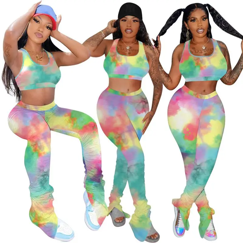 

ZKYZWX Sexy Tie Dye 2 Piece Set Women Summer Tracksuit Crop Top Stacked Leggings Pants Sport Matching Sets Lounge Wear Outfits