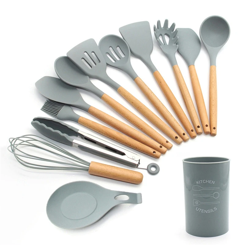 13-Pcs kitchen set Силиконовые набор для кухни 11/12/13 шт, кухонный набор,набор кухонных принадлежностей, антипригарным,деревянной с лопатки, ложка,половник,Кухня инструменты,кухонная утва,серый,кухонные принадлежности из силикона - Цвет: 13-Pcs kitchen set