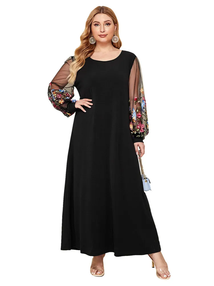 

plus size clothing for women dress elegant Fashion contrast color embroidered net yarn A-line long sleeve dress lantern sleeves