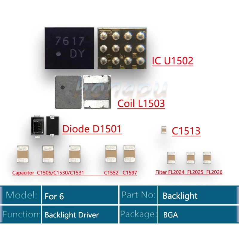 Комплект из 3 предметов; для iphone 6 Подсветка КОМПЛЕКТ IC U1502+ катушка L1503+ диод D1501+ конденсатор с алюминиевой крышкой, C1530 c1531 C1505 C1552 C1597 C1513 фильтр FL2024-FL2025 FL2026