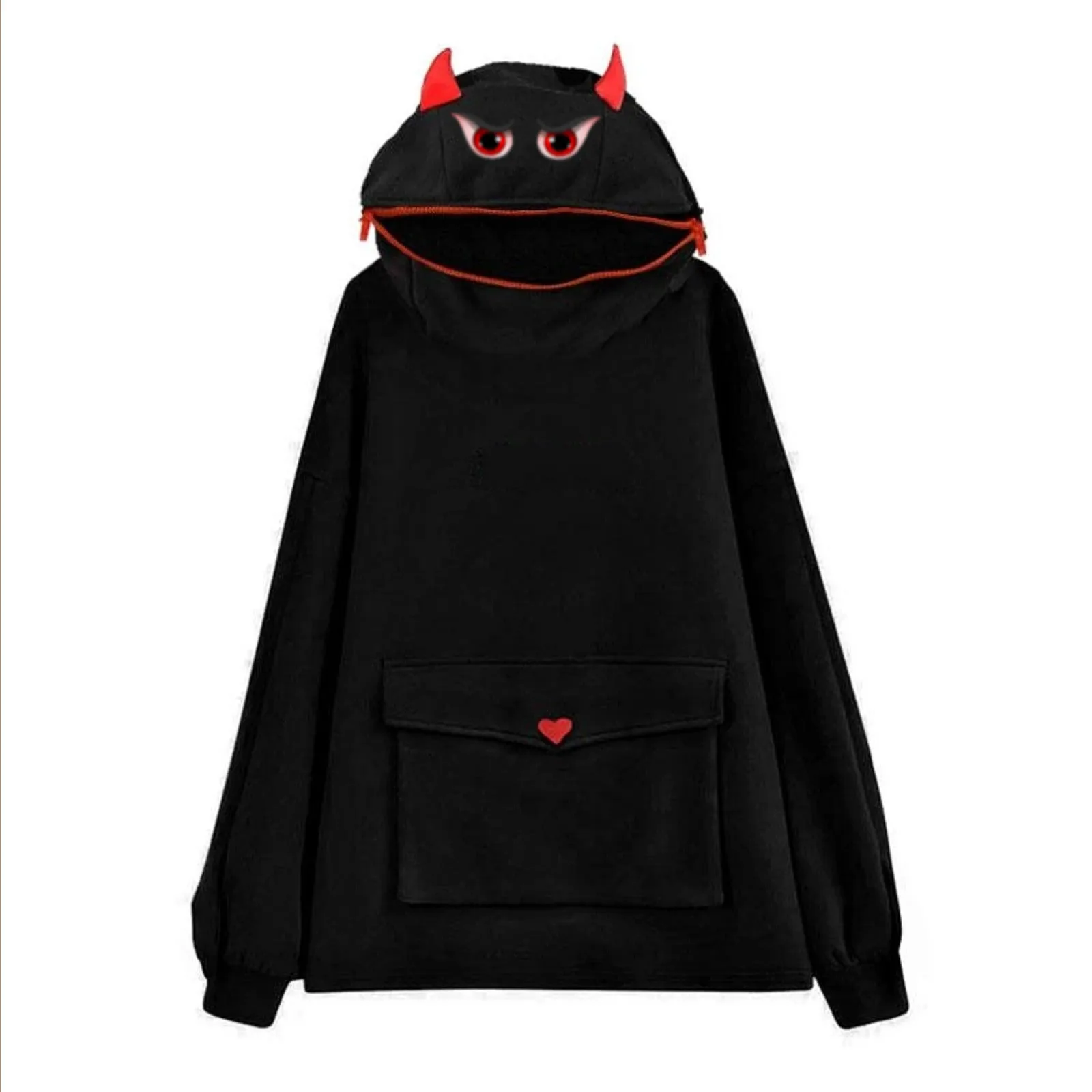 Women's Winter Parka 3D stitching cute little devil design pullover Solid sweatershirt WIth Big Pockets Oversized Pull épais | Женская