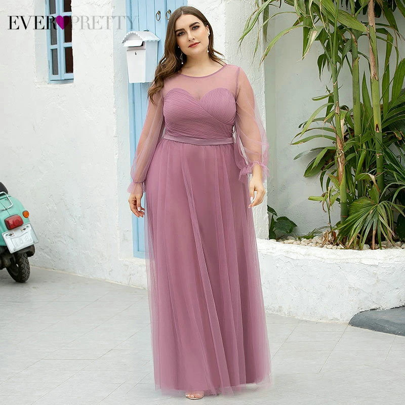 

Plus Size Dusty Pink Prom Dresses Ever Pretty EZ07663OD A-Line Full Sleeve O-Neck Ruched See-Through Tulle Formal Party Gowns