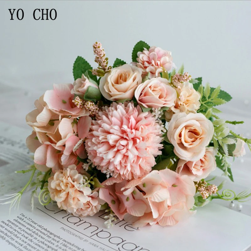 YO CHO Wedding Bouquet Artificial Silk Rose Peony Flower Bride Bouquet Pink Hydrangea Pompom Bud Vanilla Spike Wedding Supplies