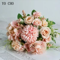 yo cho wedding bouquet artificial silk rose peony flower bride bouquet pink hydrangea pompom bud vanilla spike wedding supplies