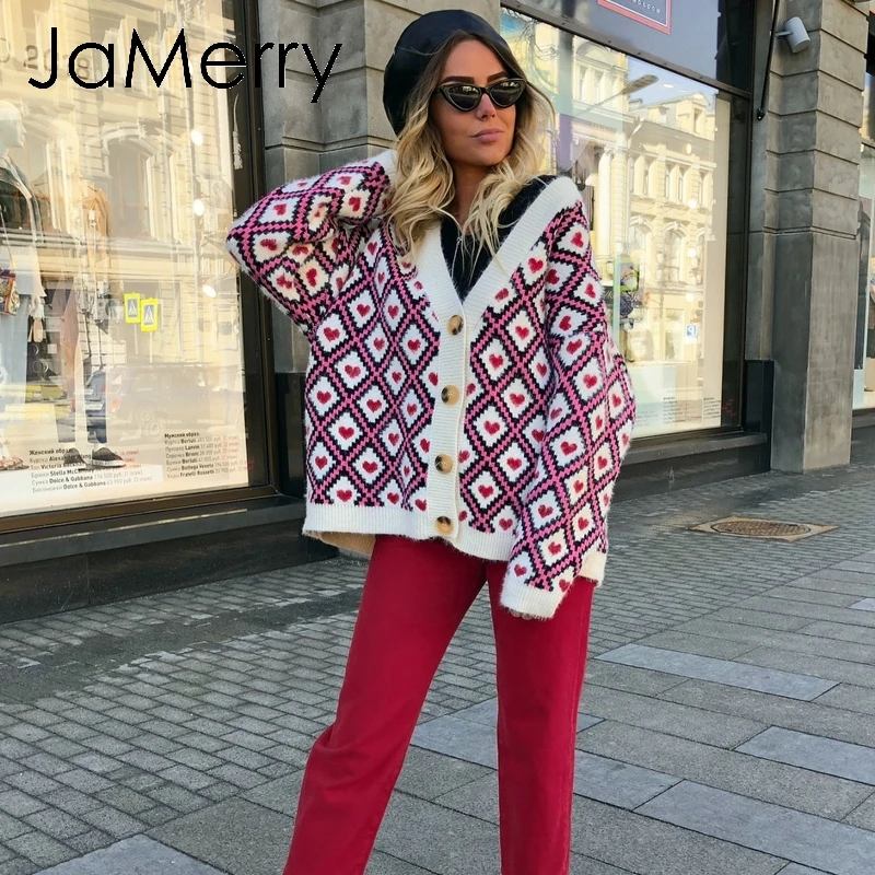 JaMerry, вязаный кардиган с принтом сердца, Женский однобортный свитер, кардиган, Осень-зима, Кардиган большого размера, джемпер