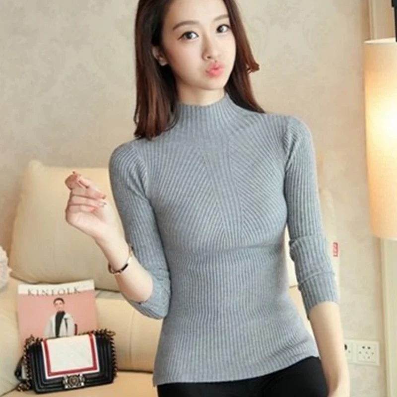 

Ladies Korean Style Slim Long-sleeved Stretch Basis Pullover Sweater Half Figh Neck Thin Top Knit Weater Autumn Winter 2022 New
