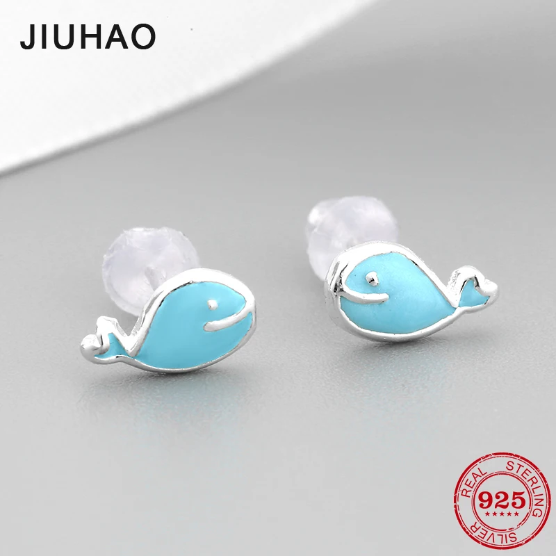 Новые серьги гвоздики из стерлингового серебра 925 пробы с голубым Китом и эмалью