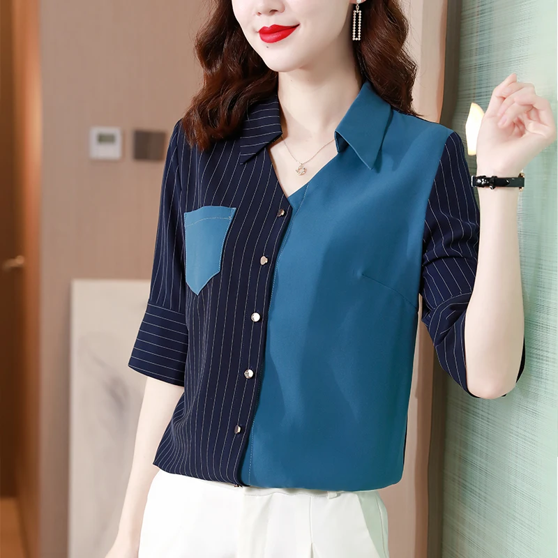 

Korean Chiffon Women's Shirt Blouses for Women Short Sleeve Patchwork Shirts Woman Tops Polo Neck Blouse Female Button Blouse OL