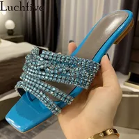 Summer Hot Sale Beads Crystal Slippers Woman Gold Silver Pink Rhinestone Square Open Toe flat Sandals Beach Dress Shoes Mujer