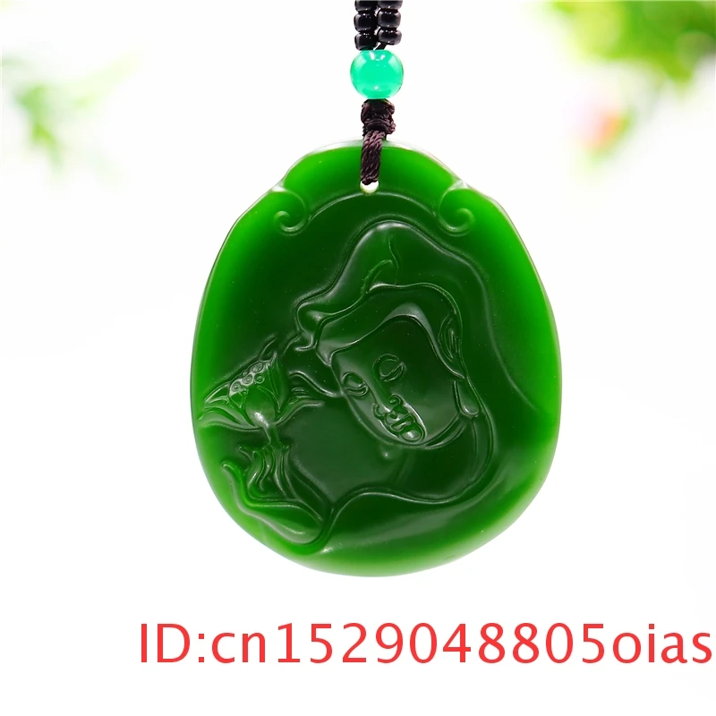 Зеленый нефрит Гуаньинь кулон ожерелье для мужчин Китайский резной жадеита Мода
