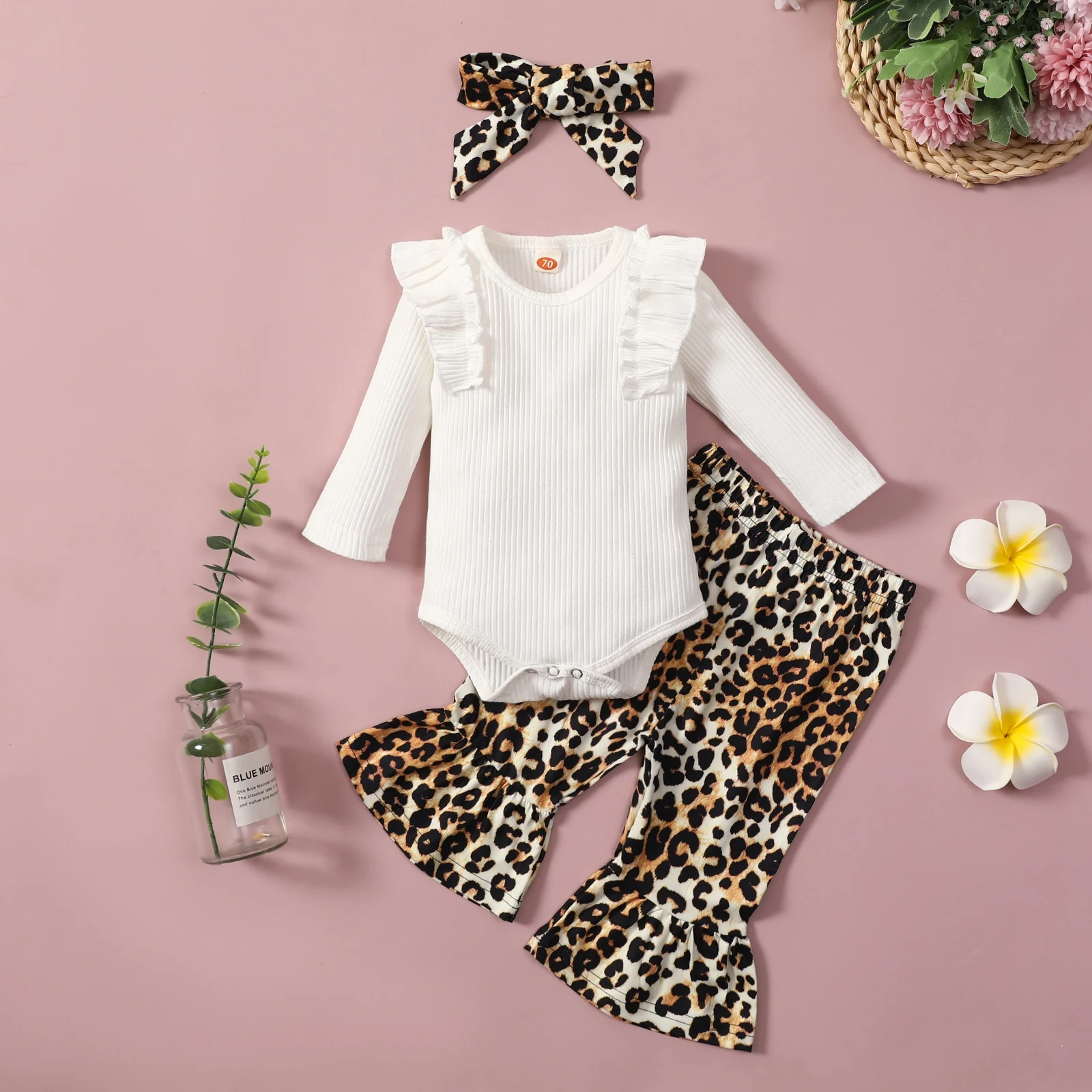 

2Pcs Baby's Sets Kids Solid Ruffle Long Sleeves Romper elastic waist flared pants headdress Toddler Girls Spring Autumn Clothing