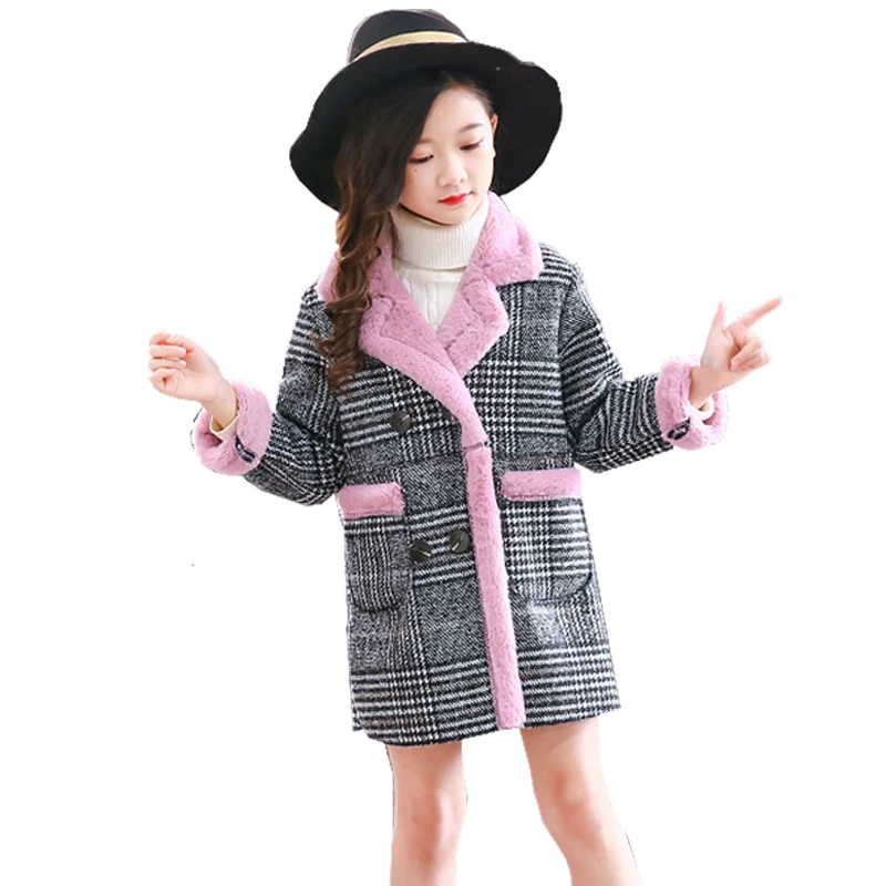 Детское шерстяное пальто с твидовым узором теплая ветрозащитная длинная куртка