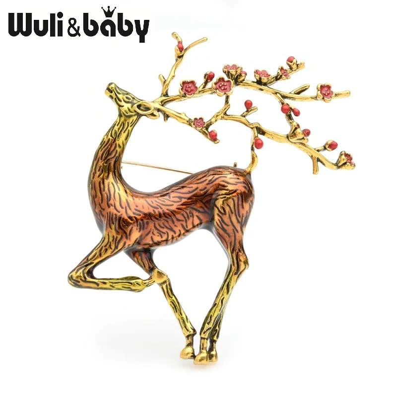 Wuli& baby, большие Sika Броши с оленями, для женщин и мужчин, сплав, коричневая эмаль, лося, животное, брошь на булавке, рождественские подарки - Окраска металла: Brown