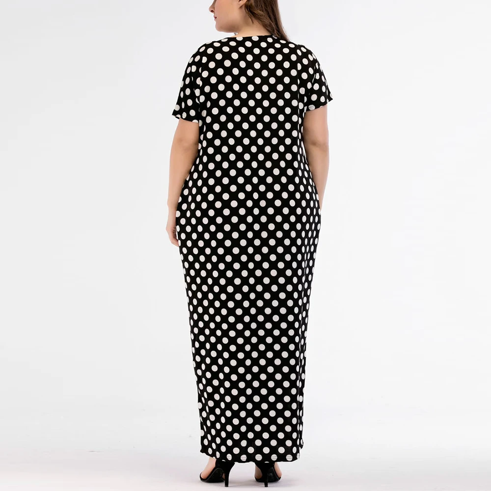 Женское длинное платье в горошек с круглым вырезом и коротким рукавом|women bodycon