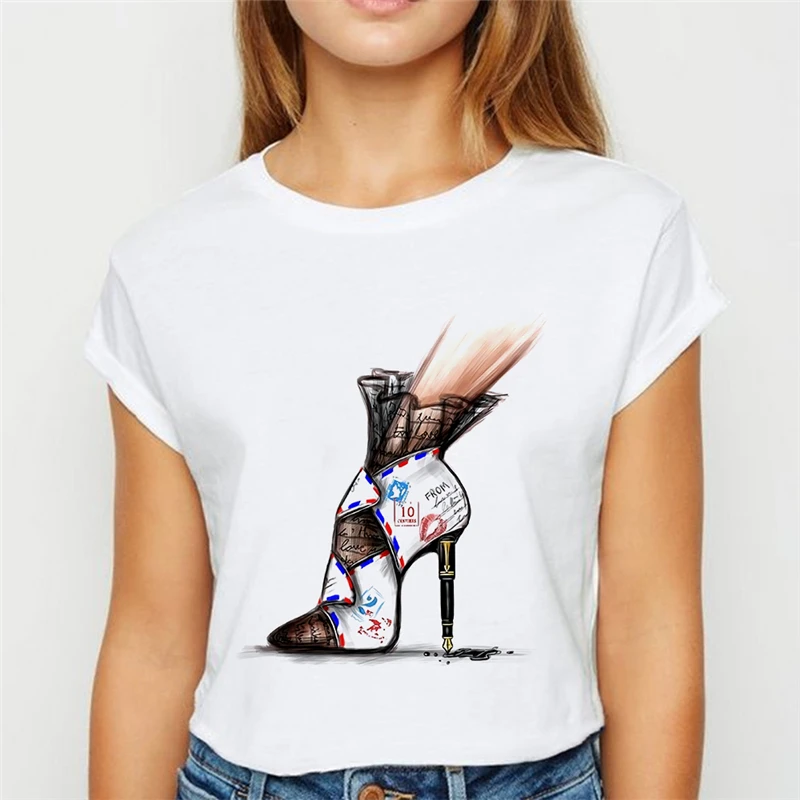 

Femme Pretty Art Design Casual Sexy Summer Tshirt New Fashion T shirt Women High Heel Funny Graphic Printed T-Shirt Female