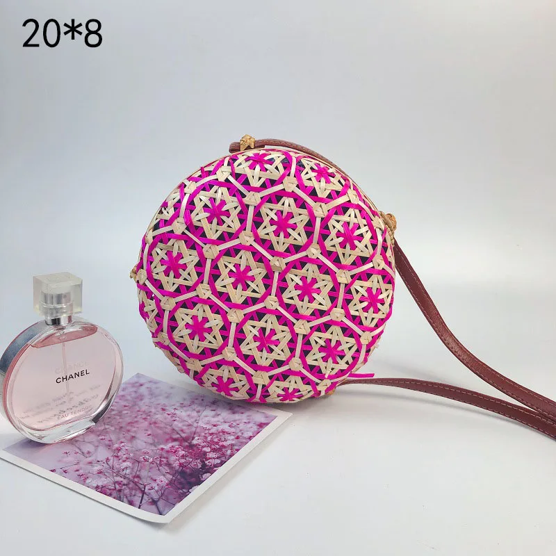 BT903rose red Круглая женская летняя пляжная соломенная сумка ручной работы, тканая маленькая ротанговая круглая сумка через плечо, Богемская Сумочка, Женская Новая мода - Цвет: BT903rose red