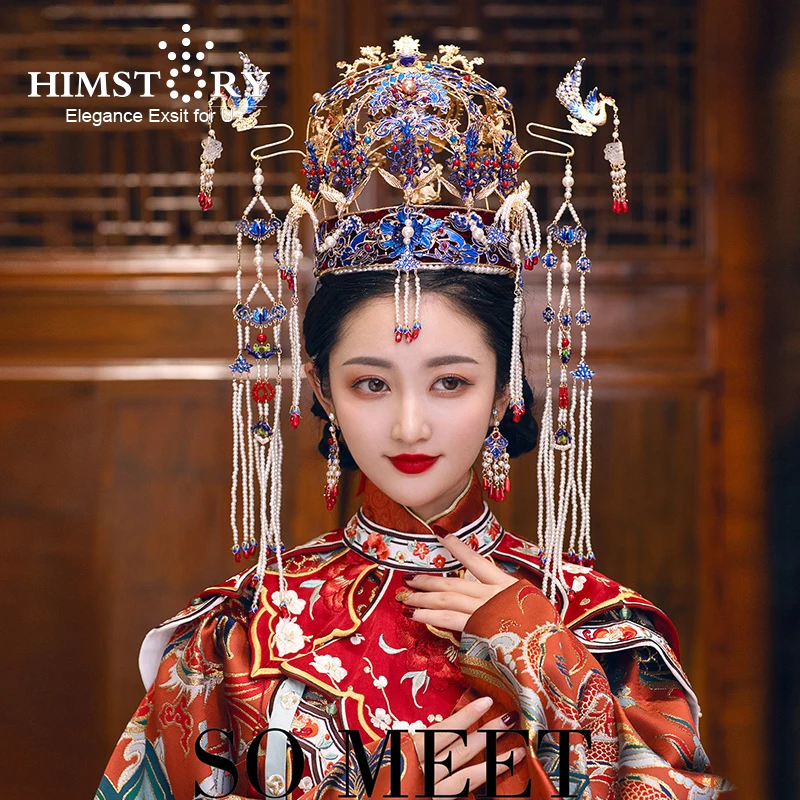 

Himstory Gorgeous Chinese Wedding Traditional Hanfu Dress Long Tassel Phoenix Coronet Handmade Blue Headbands Bridal Hair Acce