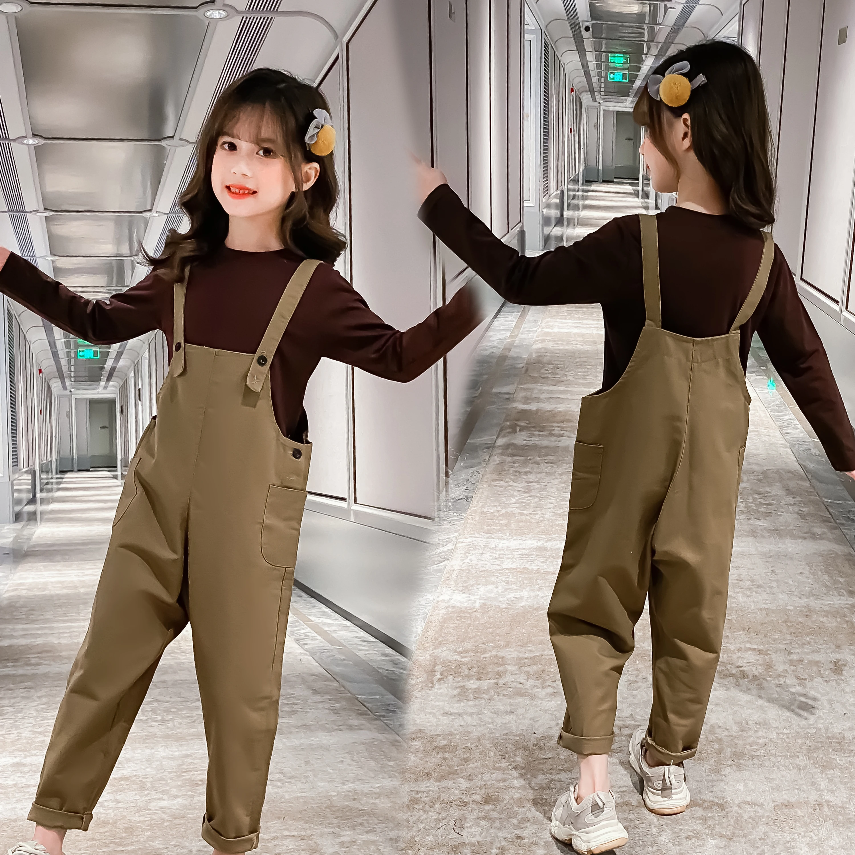 

Повседневные хлопковые комплекты для маленьких девочек, осенняя Новинка, футболка с длинным рукавом + комбинезон, детская одежда из 2 предме...