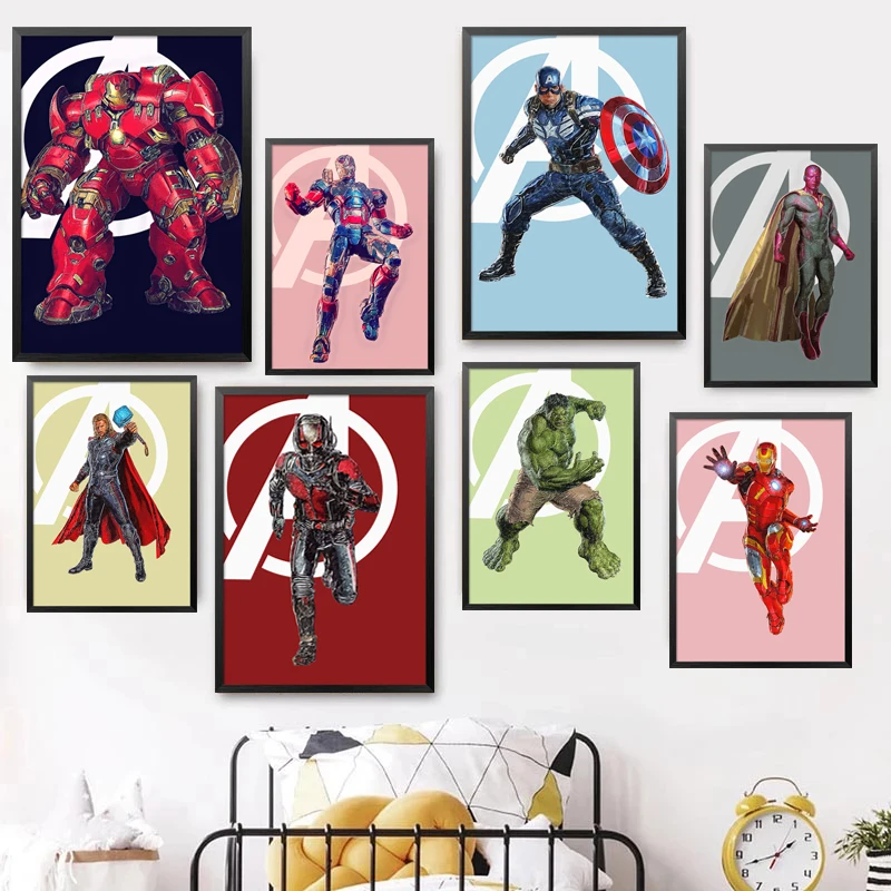Постеры с героями мультфильмов Marvel Железный человек Халк Мстители Капитан