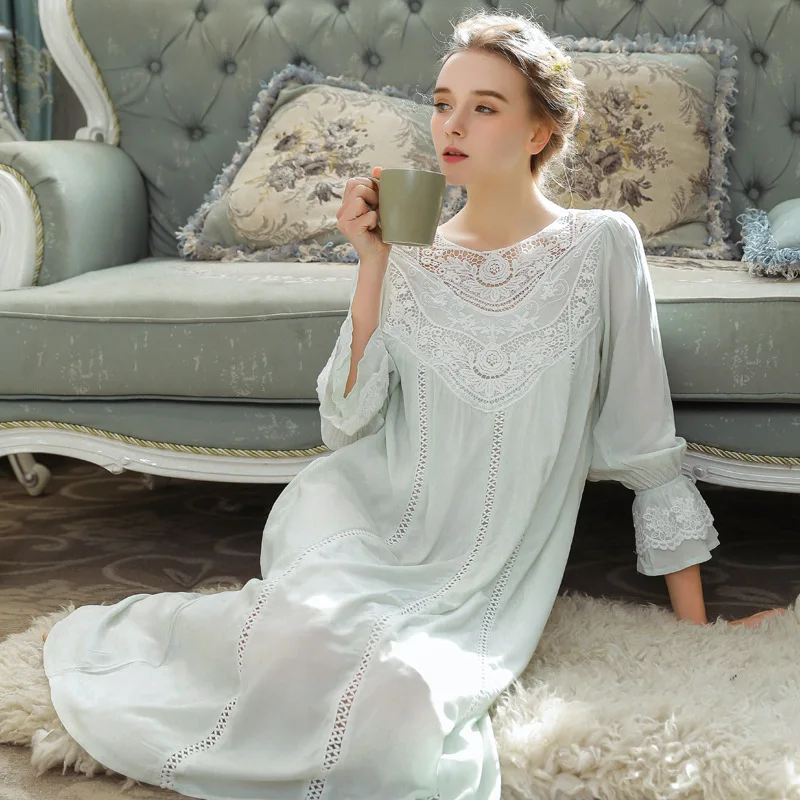 

Sexy Lace Embroidery Sleep Wear Night Dress Vintage Nightgown Long Sleeve Nightdress 90%Cotton Sleepwear Women Nightshirt