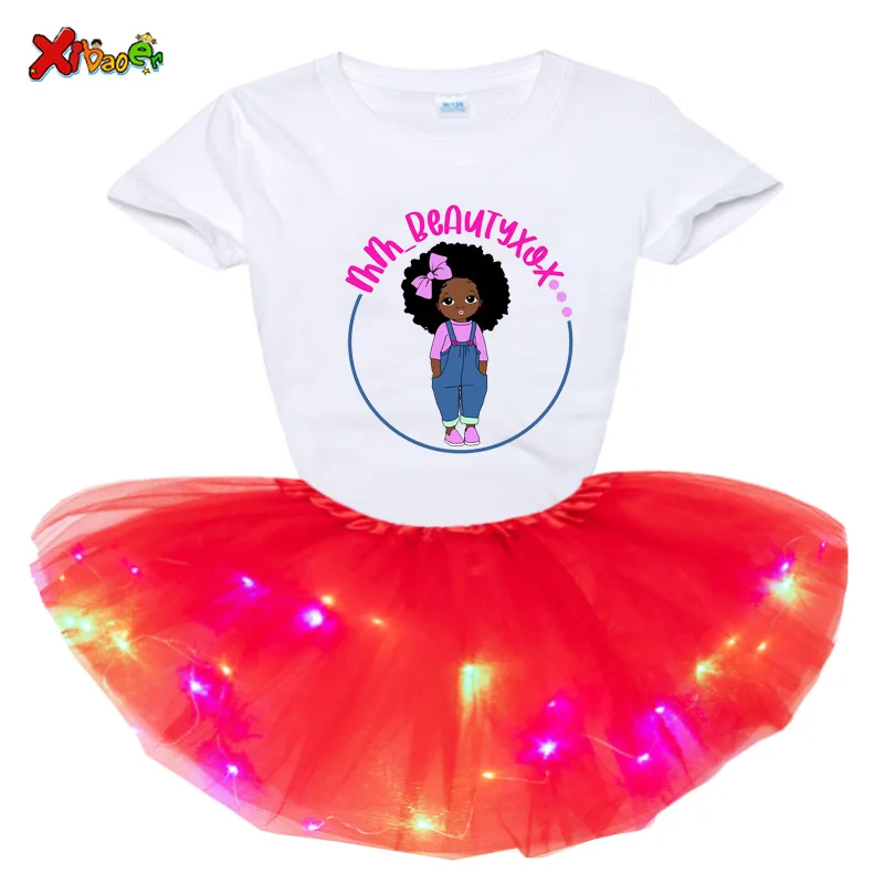 Kids Dresses Girls Short-sleeved T-shirt + Luminous Dress 2 Pc Sets Dots Soft Cotton Children Clothing Bowknot Girls Casual Wear