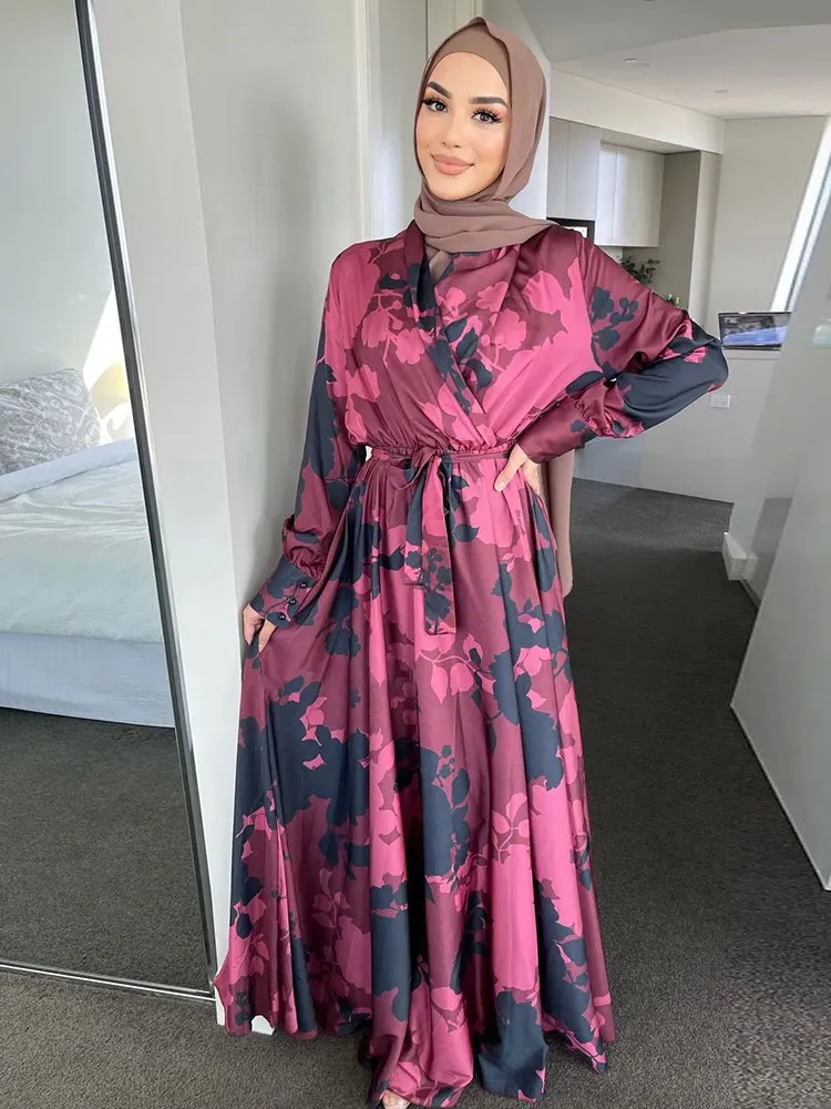 Мусульманское длинное платье с принтом, кафтан 2022, женское платье с запахом спереди и поясом, искусственная кожа, Дубай, мусульманский турец...