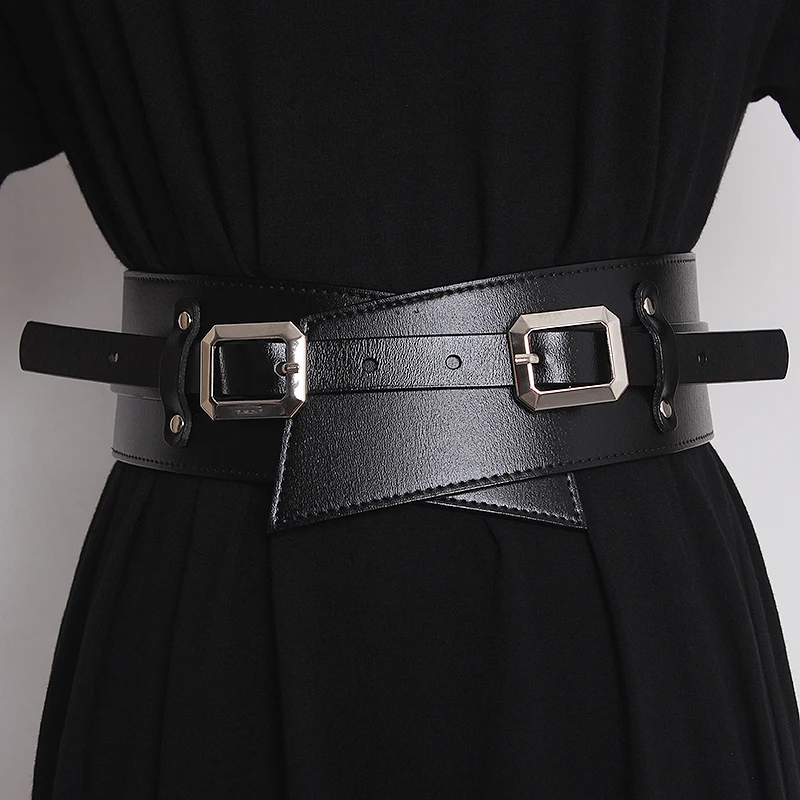 

Women's Runway Fashion Black Genuine Leather Cummerbunds Female Dress Corsets Waistband Belts Decoration Wide Belt TB387