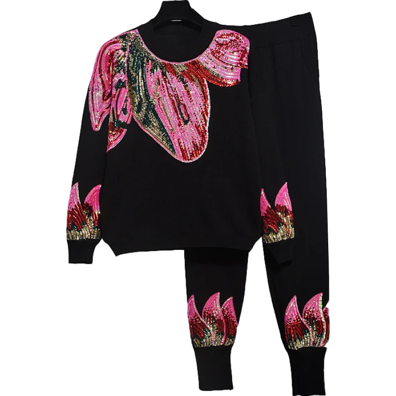 

2020 Knitwear Two Piece Set Women Suits Autumn New Fashion Sequins Warm Sweater Coat + Loose Casual Pants Women Knitted Set H694