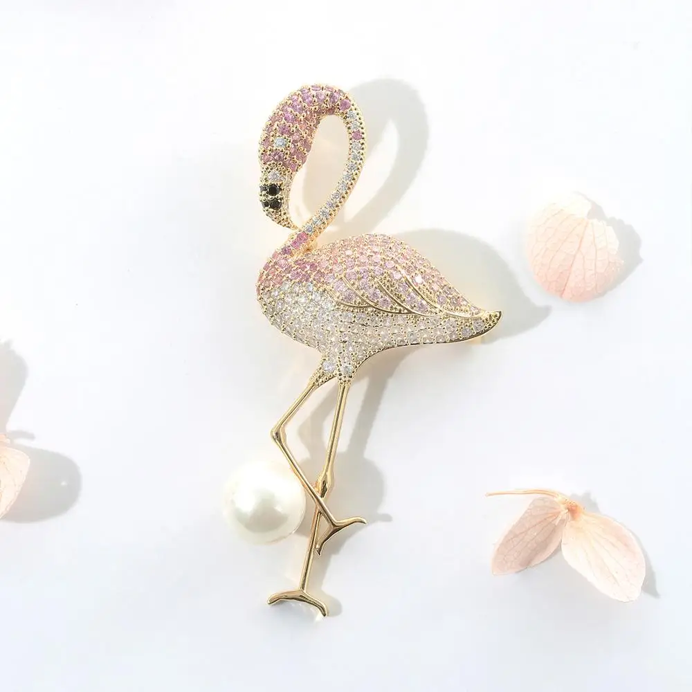 Neoglory Elegant Flamingo Bird Brooch For Women Shell Pearl &amp Cubic Zircon Golden Vivid Coat Pins Mother‘s Day Gifts | Украшения и