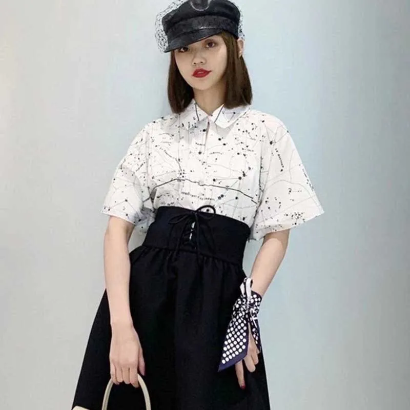 

Cosmicchic Women Shirts 2021 Spring Summer Bat Sleeve Printed Shirt Short Sleeve Constellation Elegant Cotton Shirt Fashion New