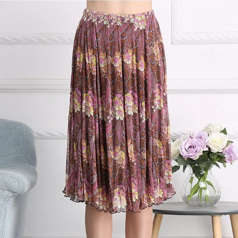 

Women skirts purple pink silk crepe flower versatile 2020 summer Vintage sexy Long beach Skirt elastic waist fashion