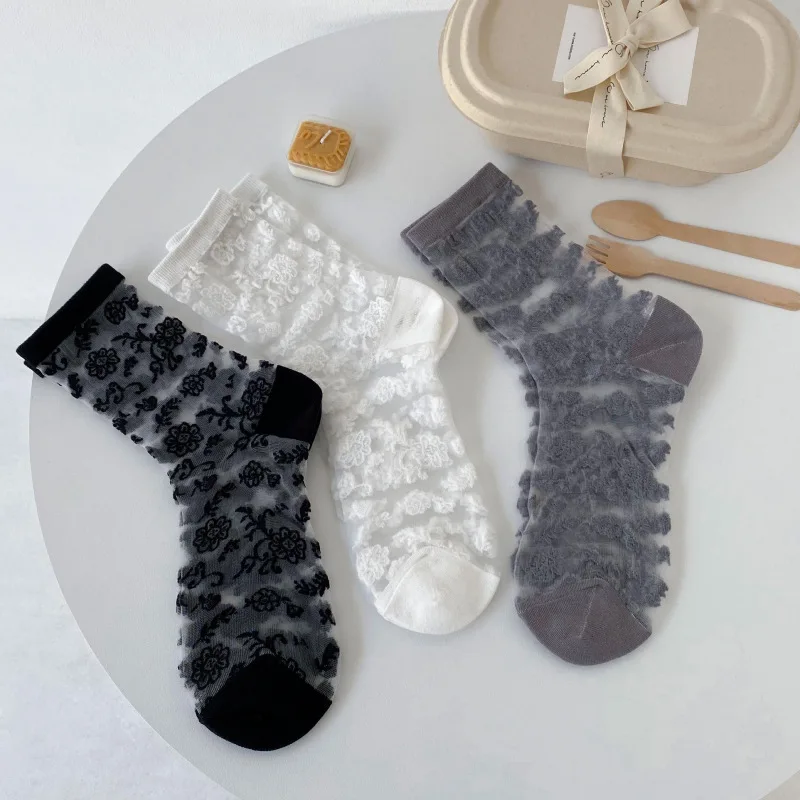 Japan Style Summer Women Socks Floral Print Lolita Black White Kawaii Cute Crew Socks Ultra-thin Transparent Crystal Silk Socks images - 6