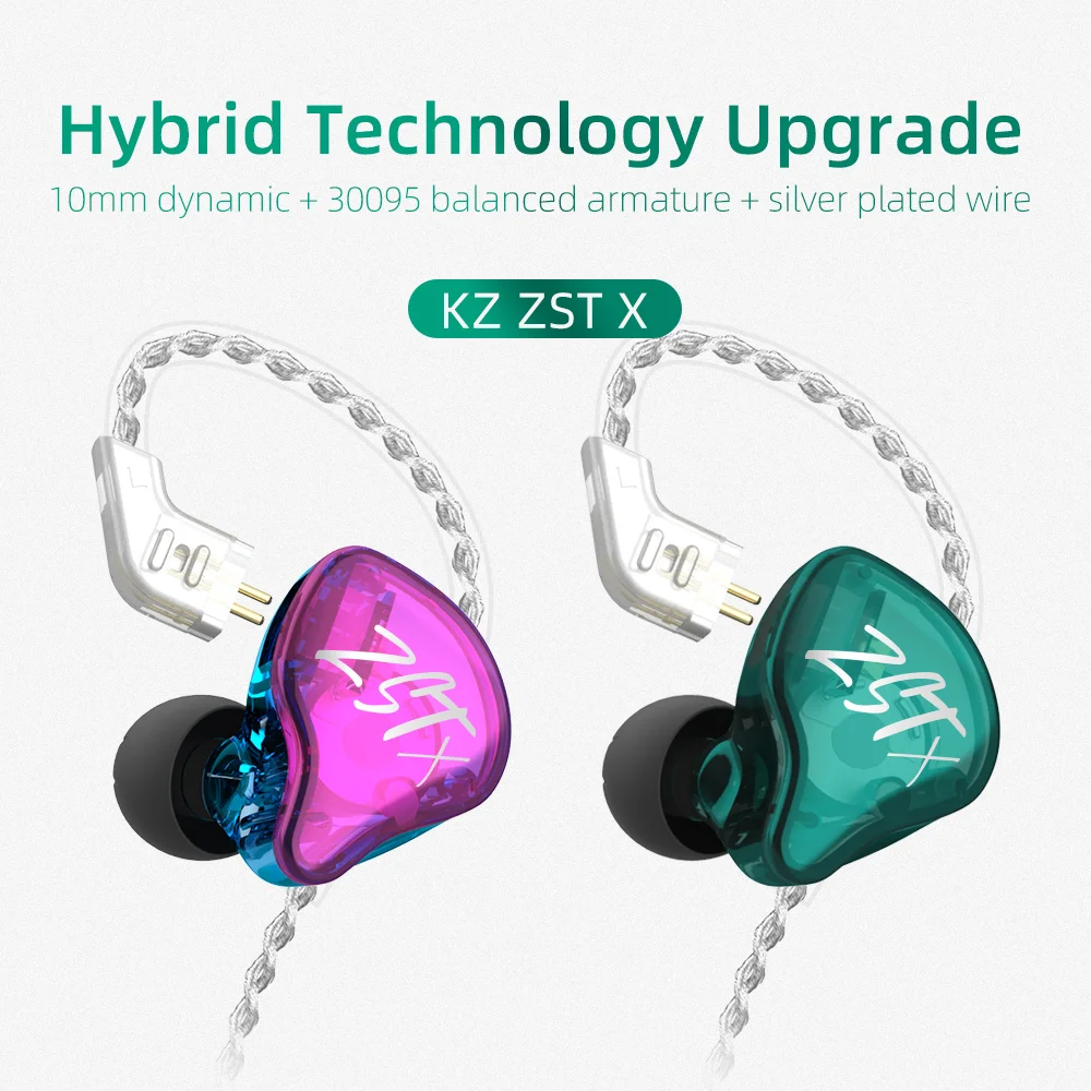Обновленные гибридные Hi-Fi наушники KZ ZST X 1BA 1DD басовые спортивные шумоподавляющие