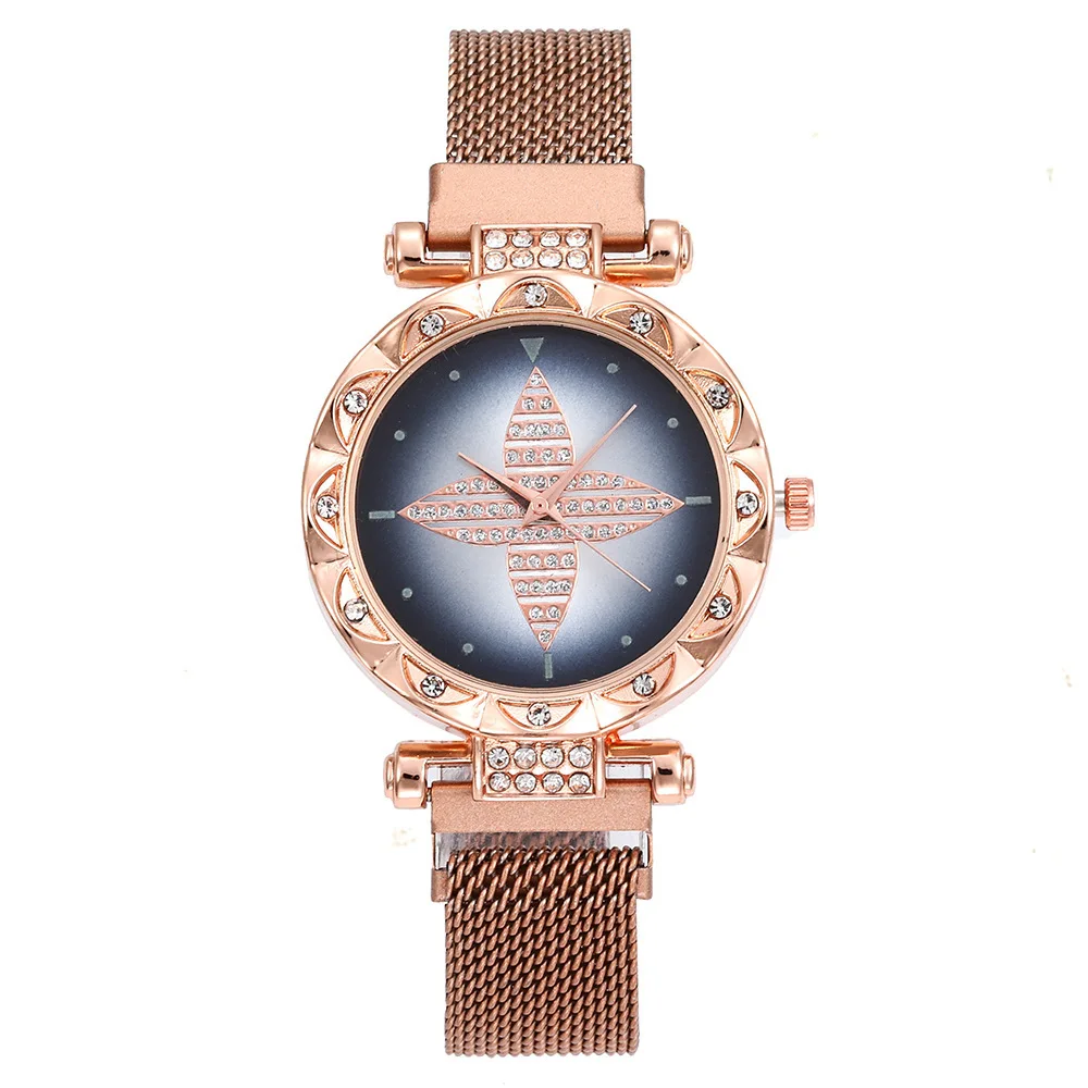 

European And American Spring New Hot-selling Fashion Casual Ladies Diamond-encrusted Flower Plate Magnet Mesh Belt Quartz Watch
