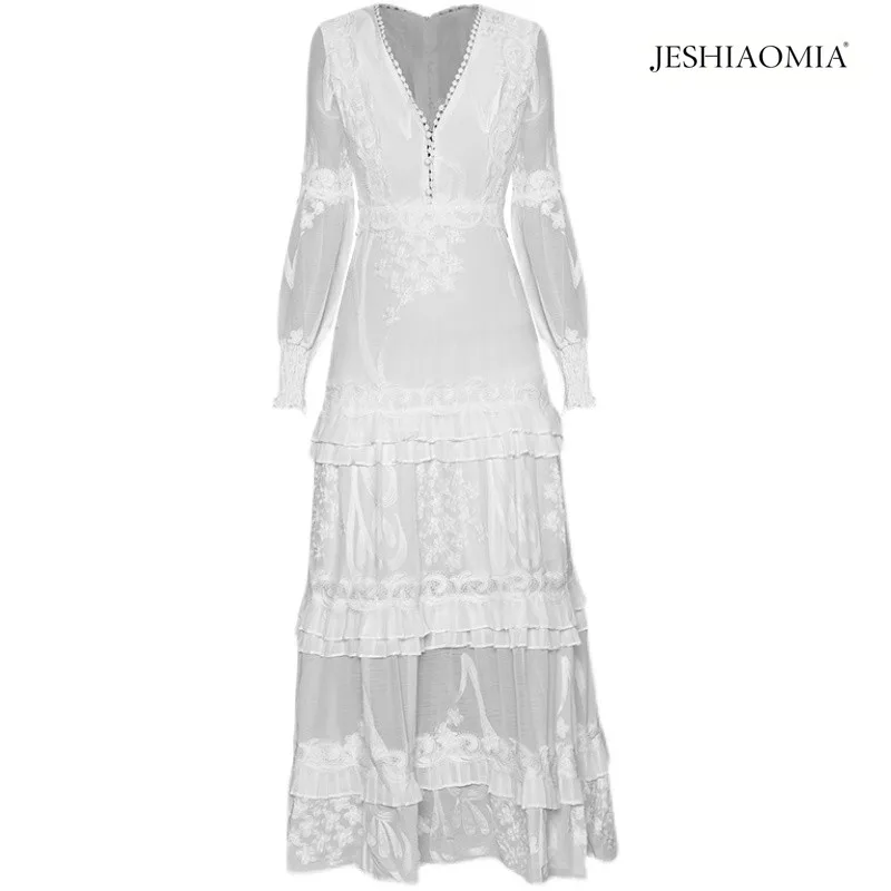 

2021 SPRING V NECK HEAVY EMBROIDERED LONG SLEEVE LACE MAXI DRESS